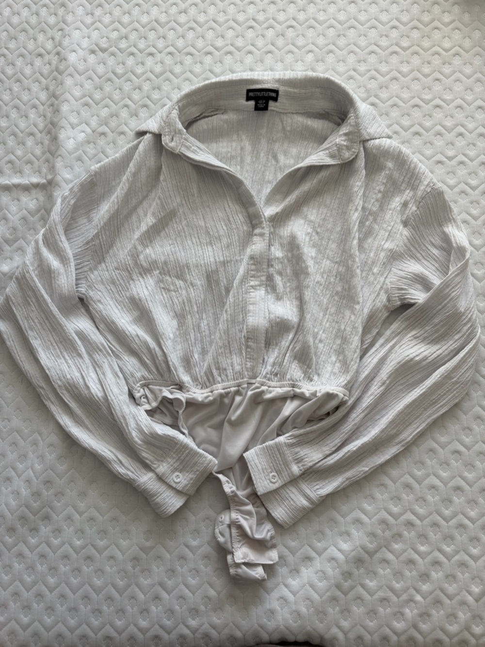 PrettyLittleThing White Textured Tie-Front Bodysuit